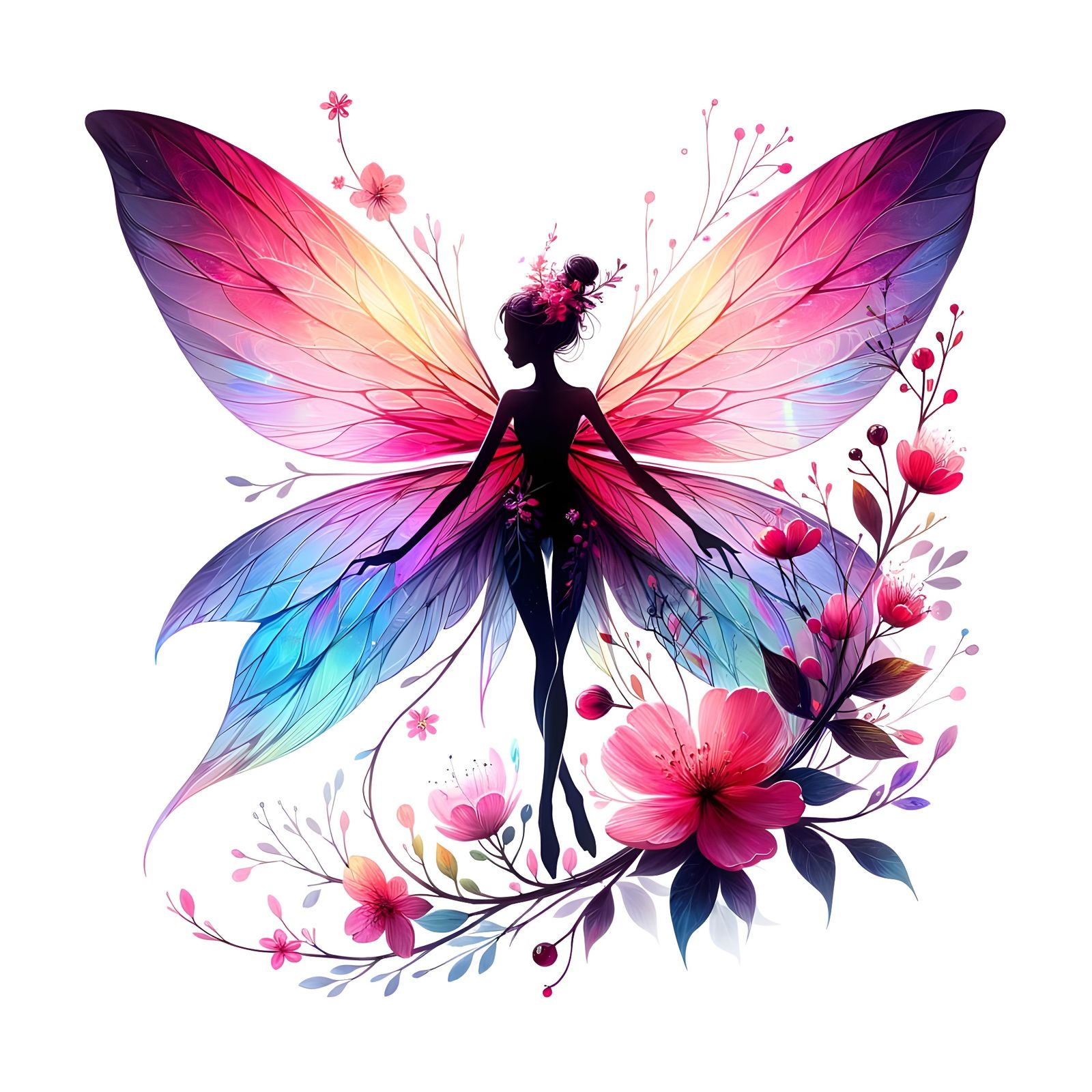 Ethereal Fairy with Rainbow Wings on Floral Branch