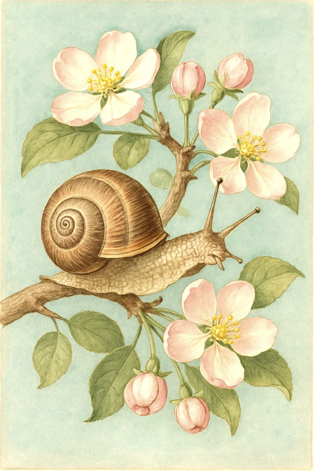 Vintage Botanical Snail on Apple Blossom Branch