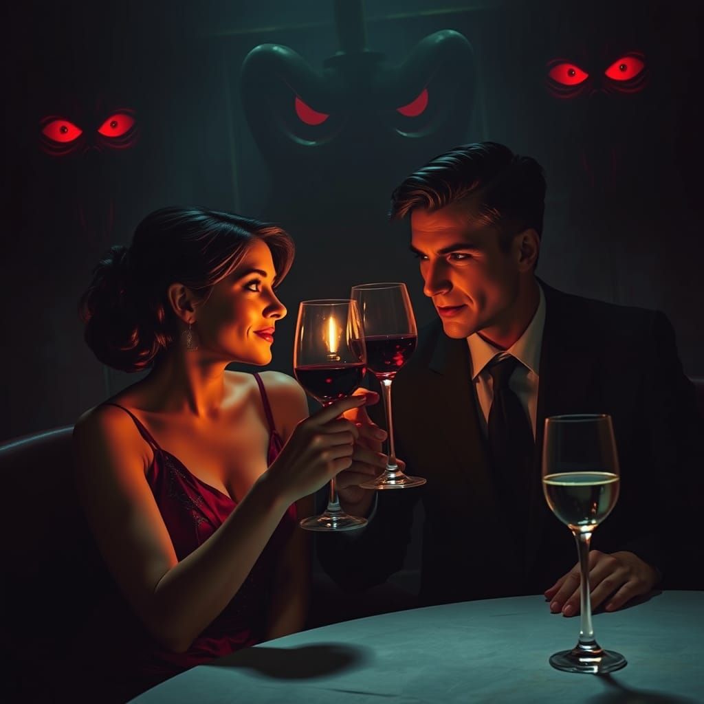 Eerie Wine Night: Cinematic Lighting and Ominous Shadows
