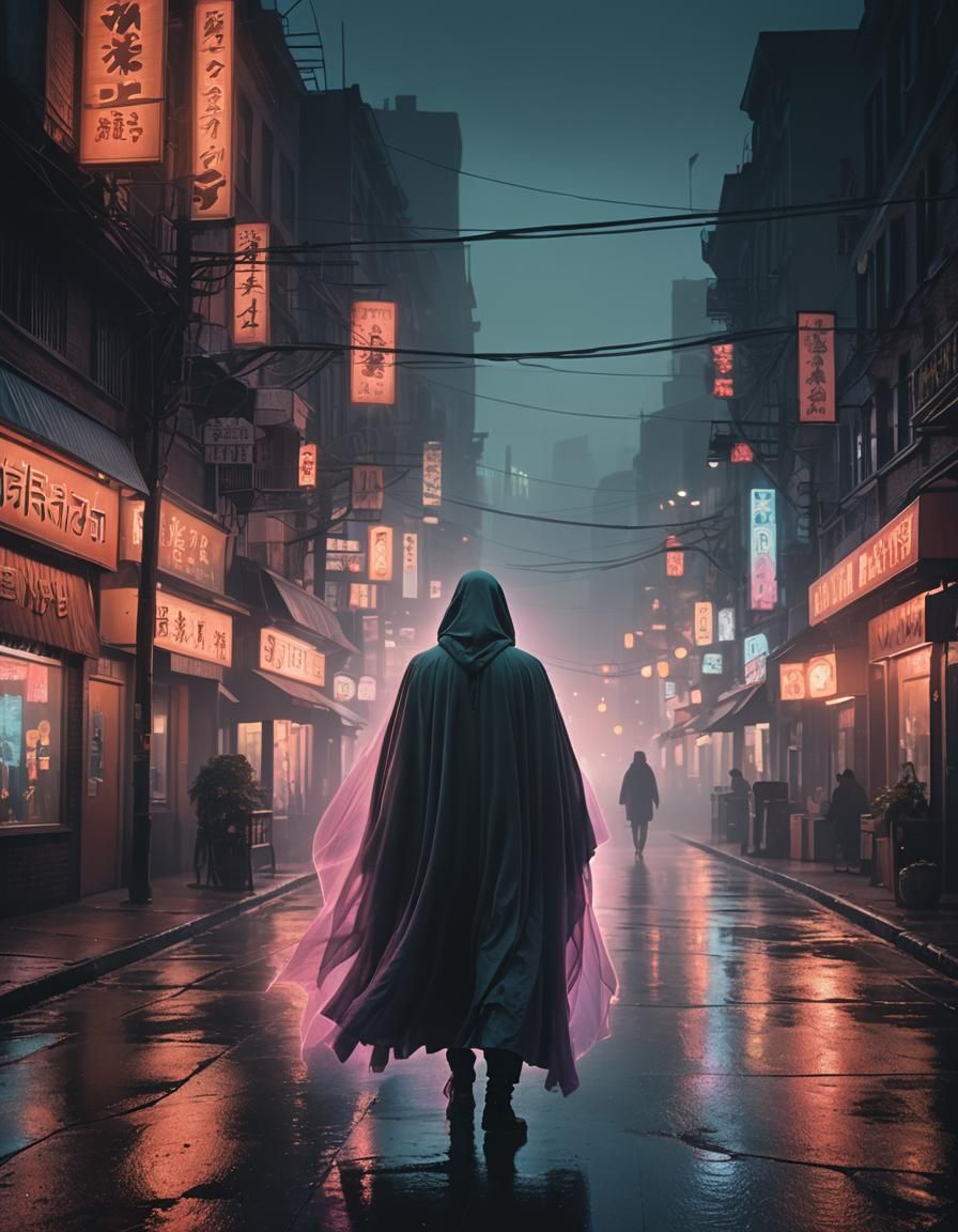 Ethereal Ghost Walks City Street at Dusk
