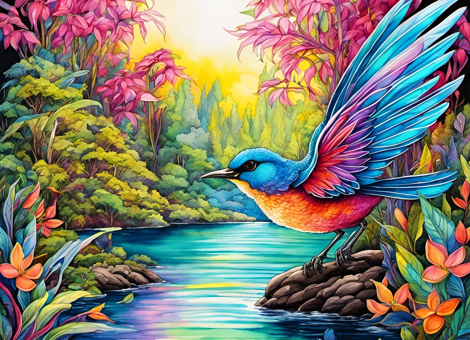 Whimsical fantasy bird, shimmering beautiful wings that glimmer in the light, flying over a river, lush vegetation, brig...