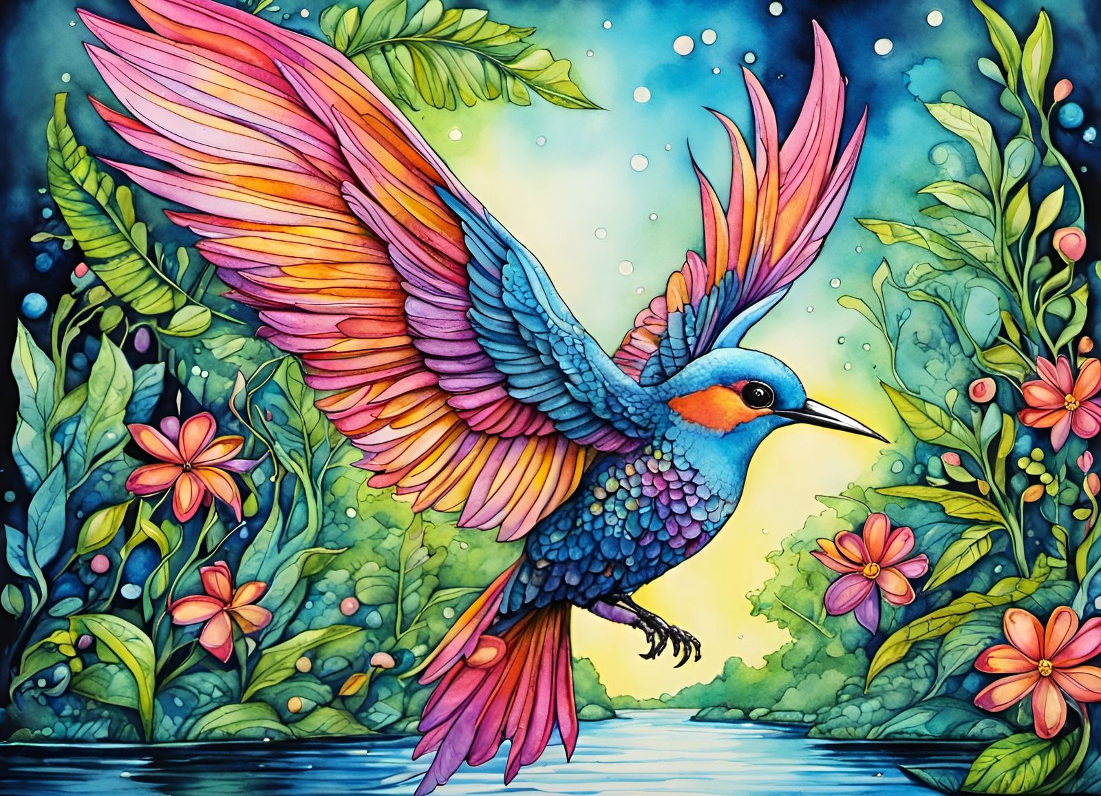 Whimsical fantasy bird, shimmering beautiful wings that glimmer in the light, flying over a river, lush vegetation, brig...