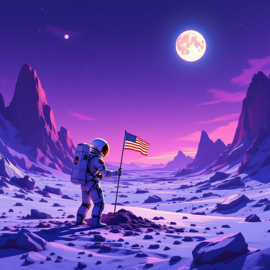 Astronaut Plants Flag on Alien World Under Purple Sky
