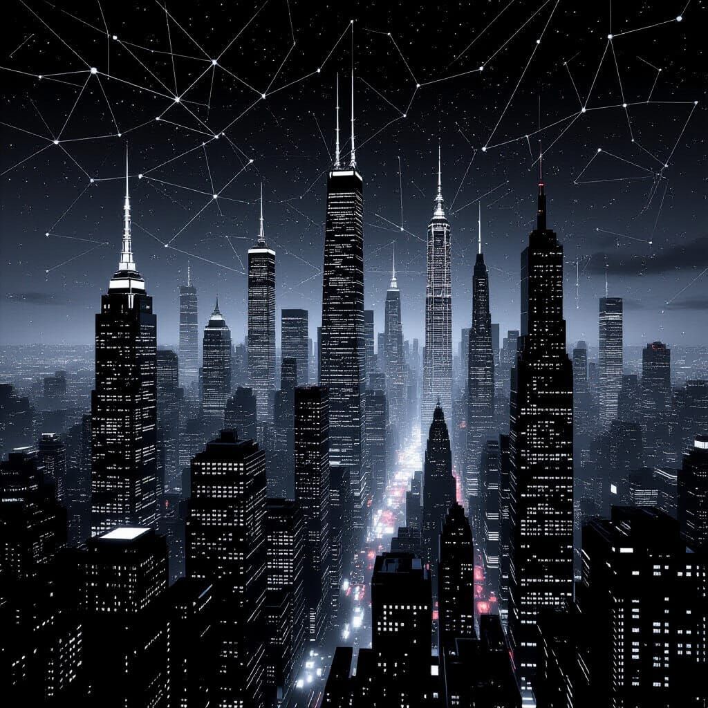 Monochrome Cityscape at Dusk with Neural Networks