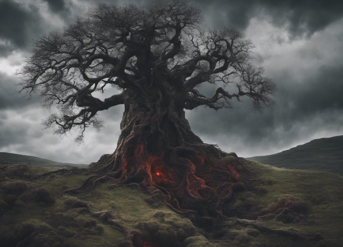 Ancient Tree by Blood River After Medieval Battle