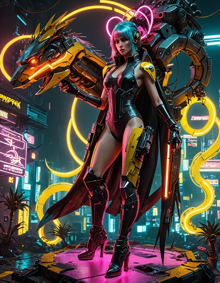 Robot Dragon Girl in Cyberpunk Anime Style