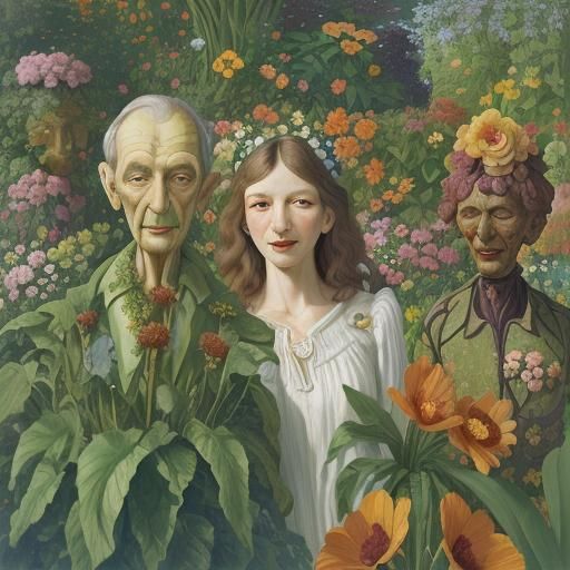 Anthropomorphic Flowers in Dreamlike Garden, Oil Painting
