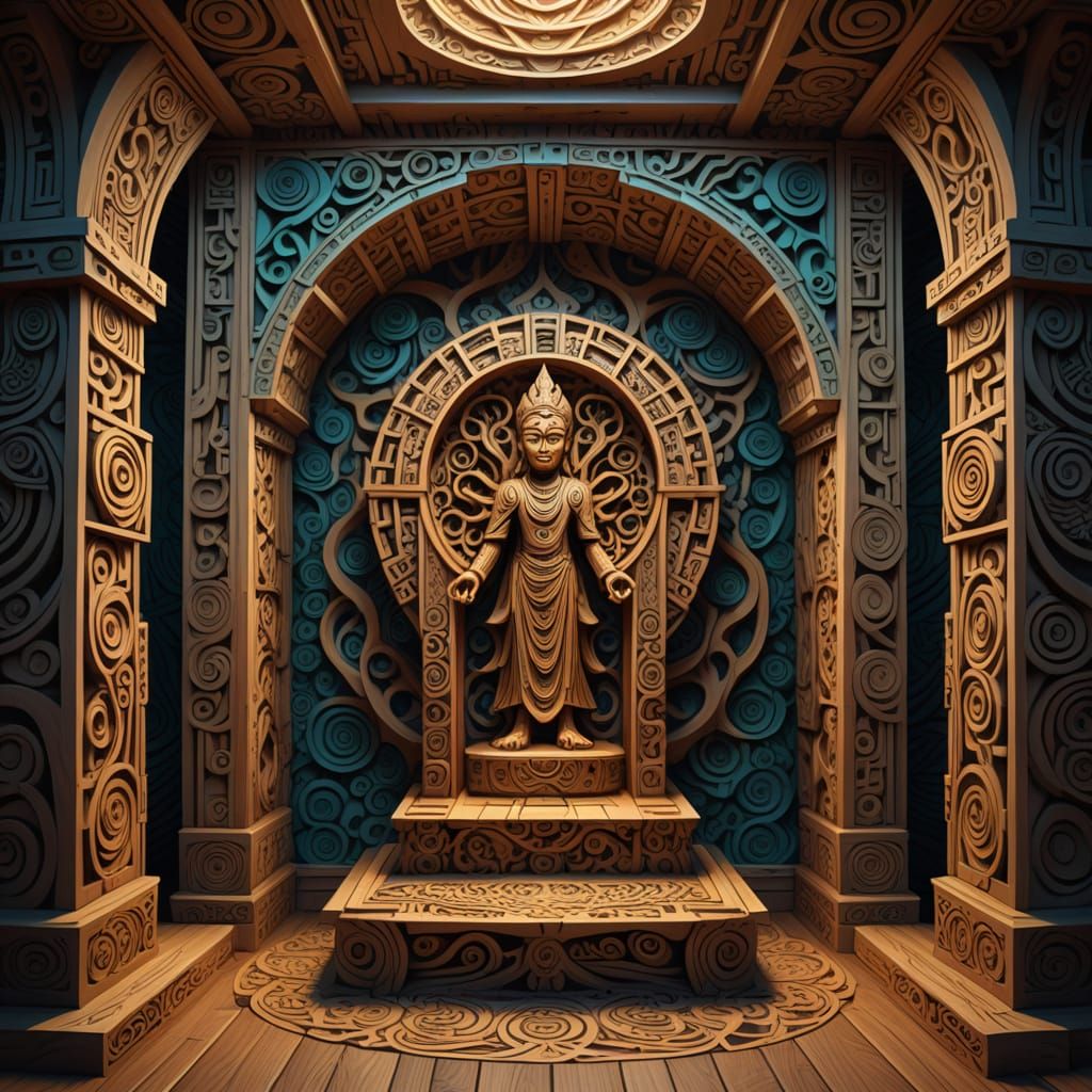 Ancestor Alcove Interior With Wooden Carvings