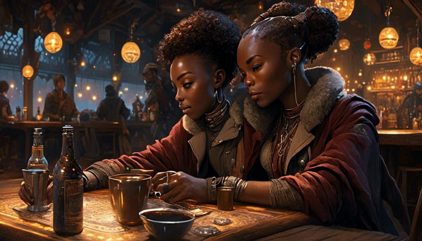 Enchanted Pub Scene with Goblin Warlock