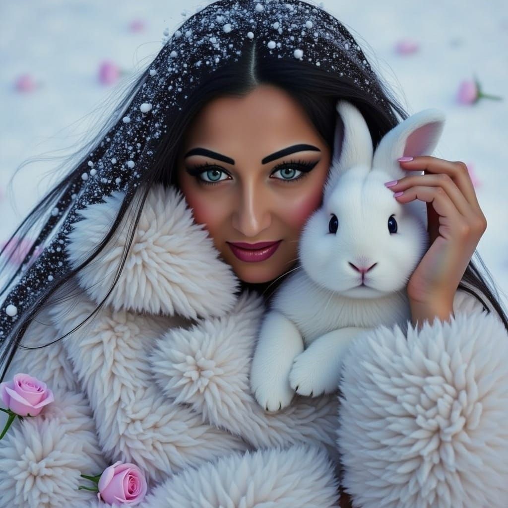 Snowstorm Woman with Rabbit in Fantasy Art