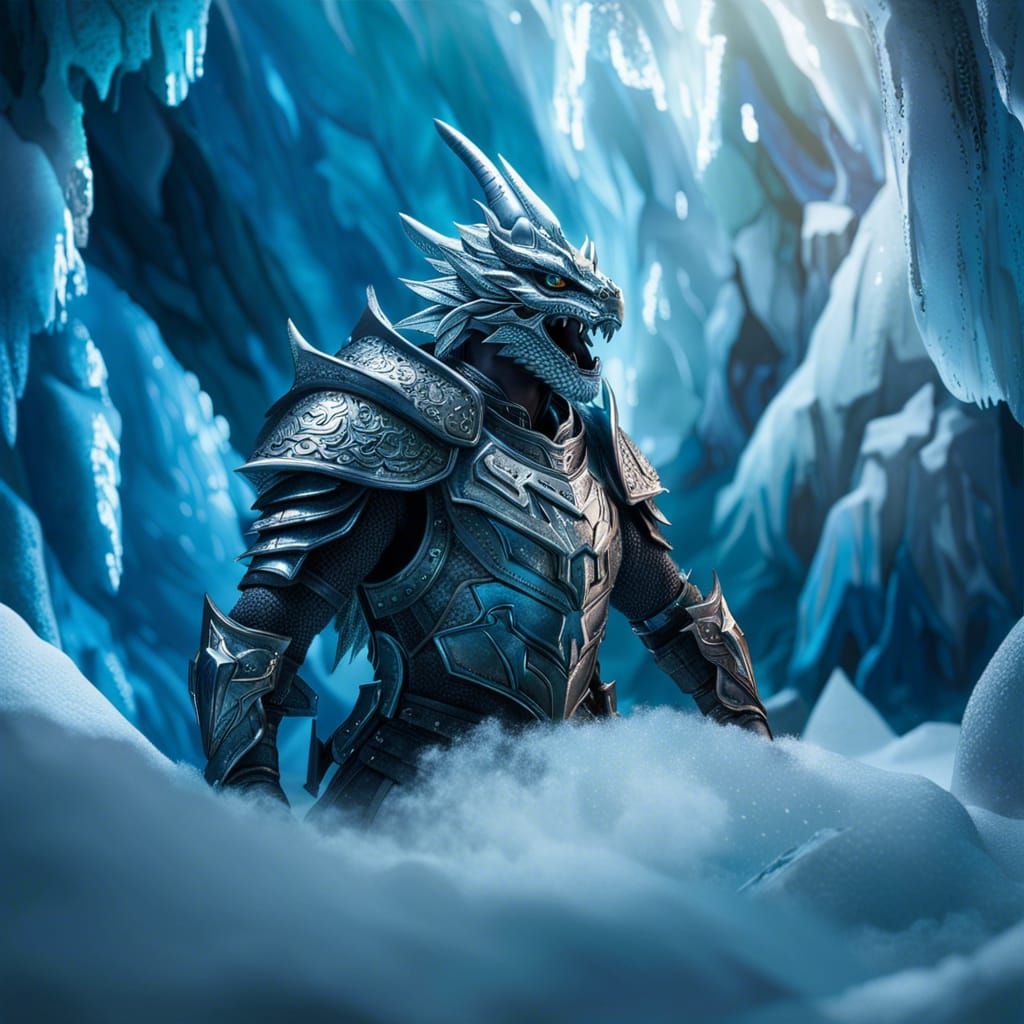 Silver Dragonborn in Ice Cave: Hyperrealistic Photography
