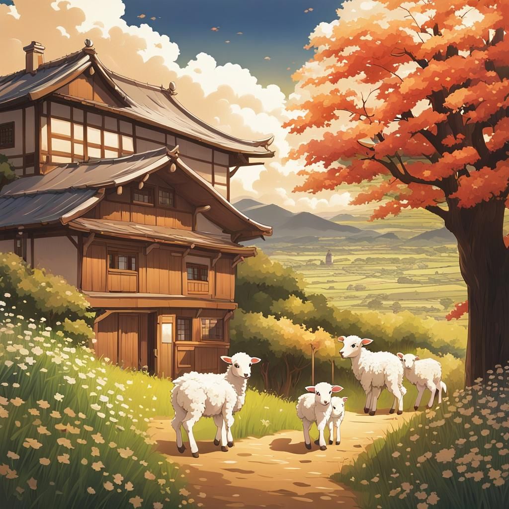Cute Chibi Lambs in Anime Style Landscape