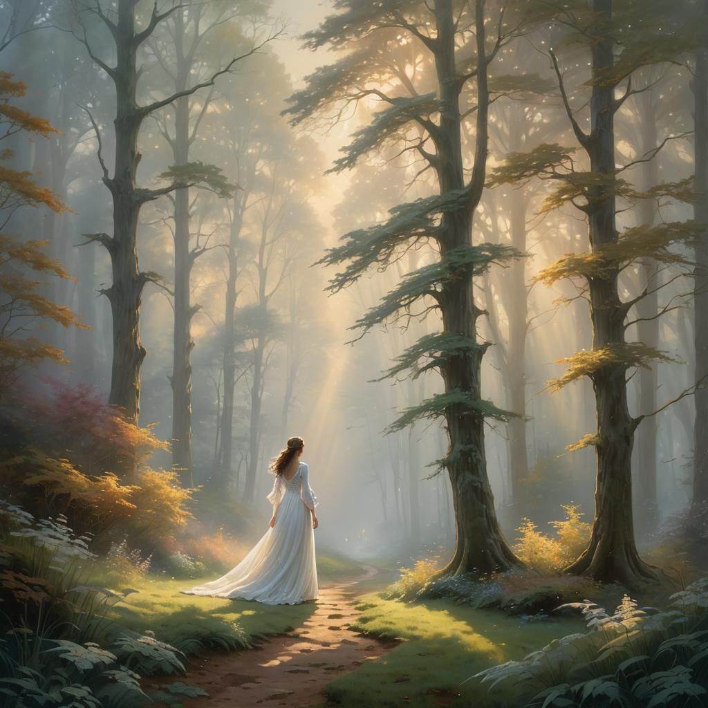 Ethereal Figure Walks Towards Light in Fantasy Landscape