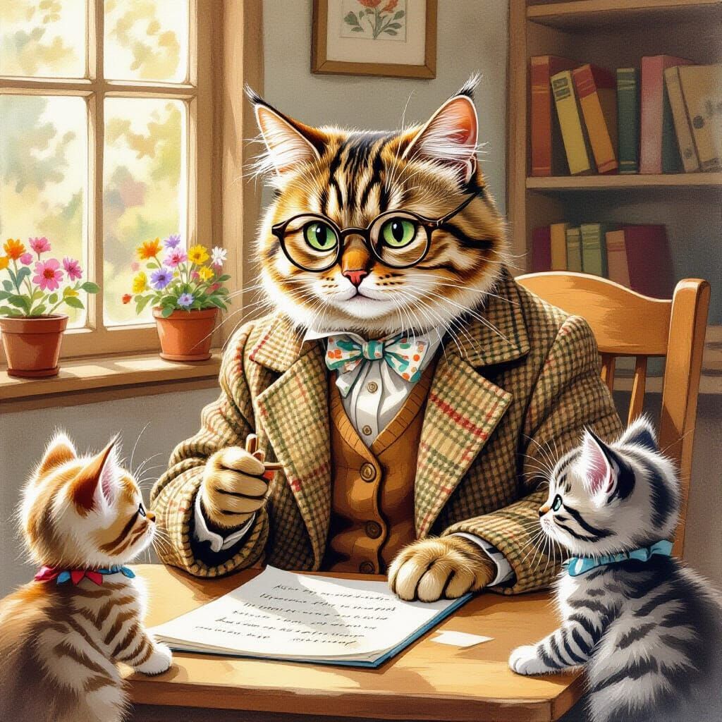 Tweed Cat Teaches Kittens, Watercolor Style