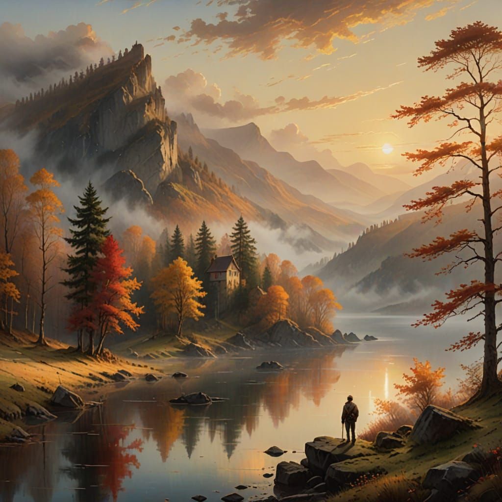 Warm Autumn Landscape with Lone Figure and Serene Lake