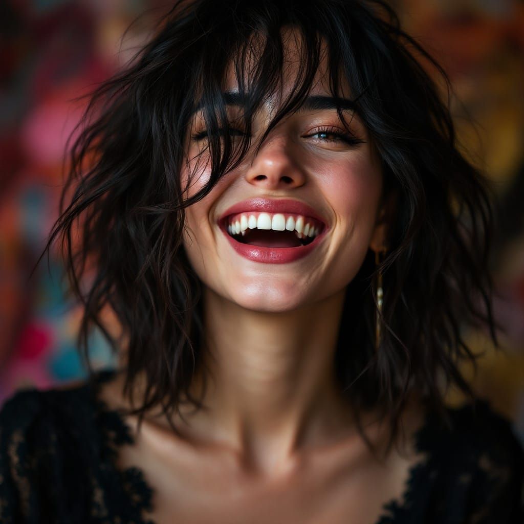 Ultra-Hyper-Realistic Portrait of a Young Woman Laughing in....