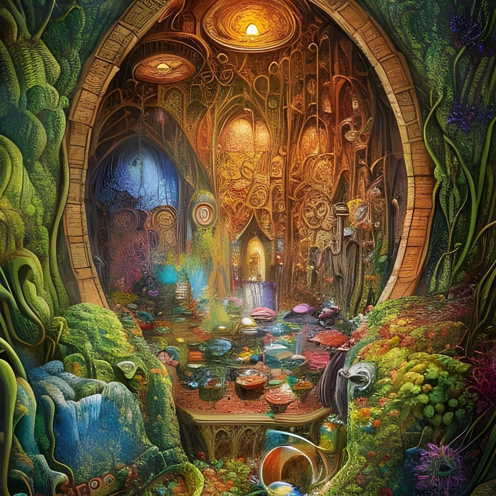 Elven Bathhouse Cathedral in Surrealist Illustration