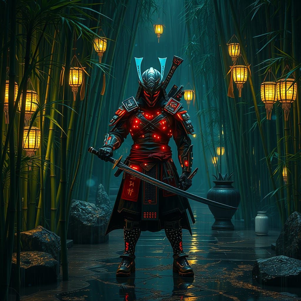 Cyberpunk Samurai in Overgrown Bamboo Garden