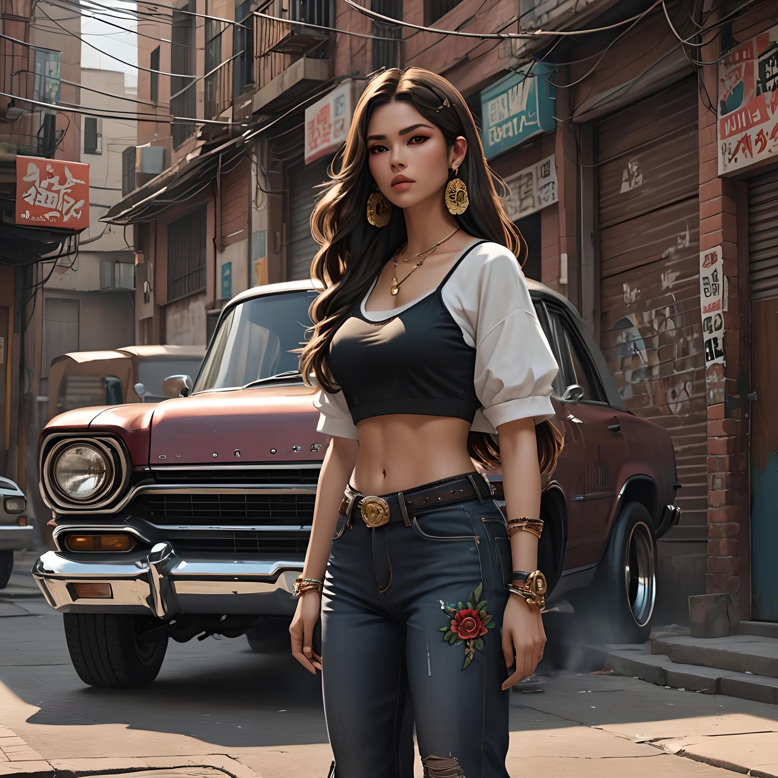 Curvy Woman Poses with Lowrider: Anime Art