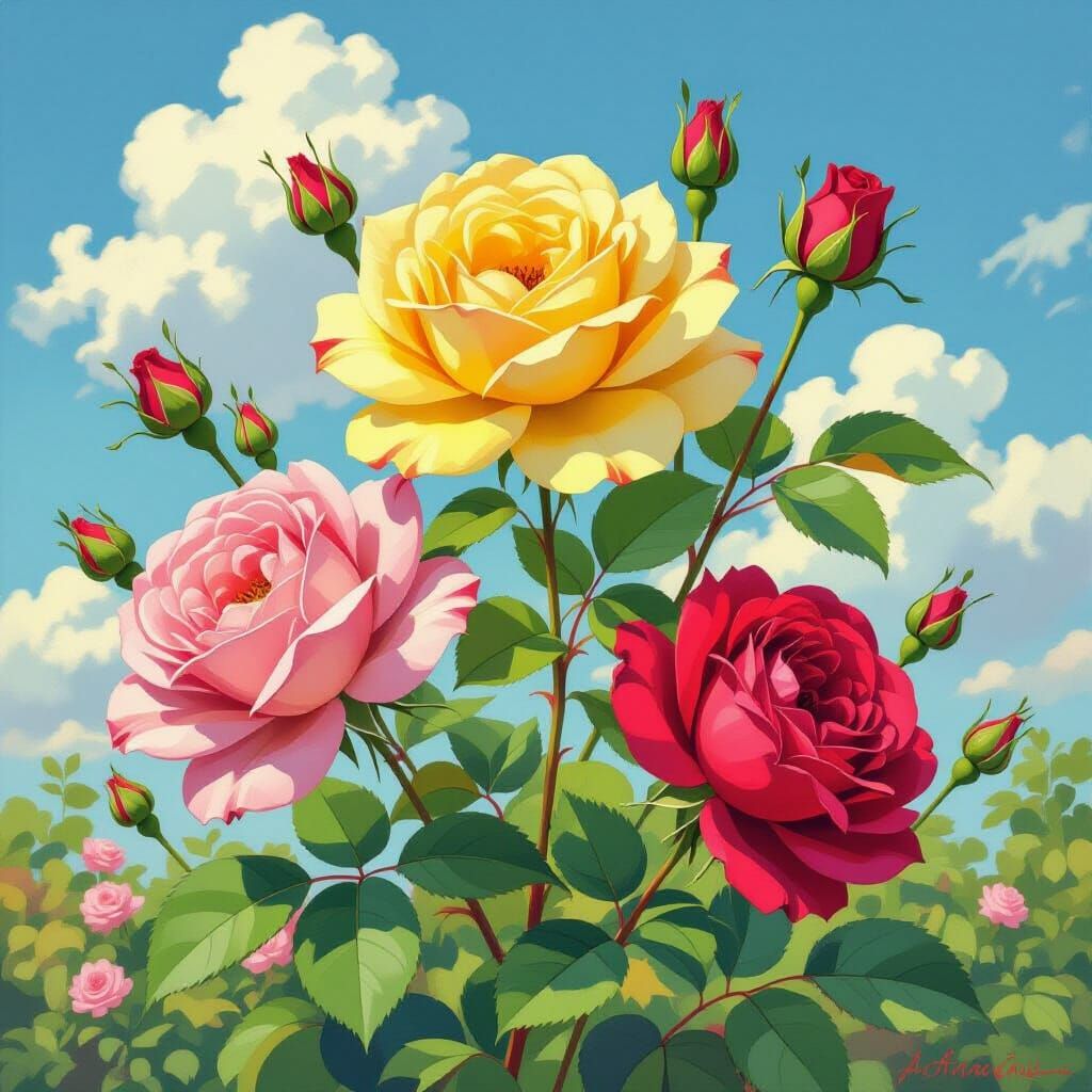 Rose Garden in Full Bloom: Watercolor Painting