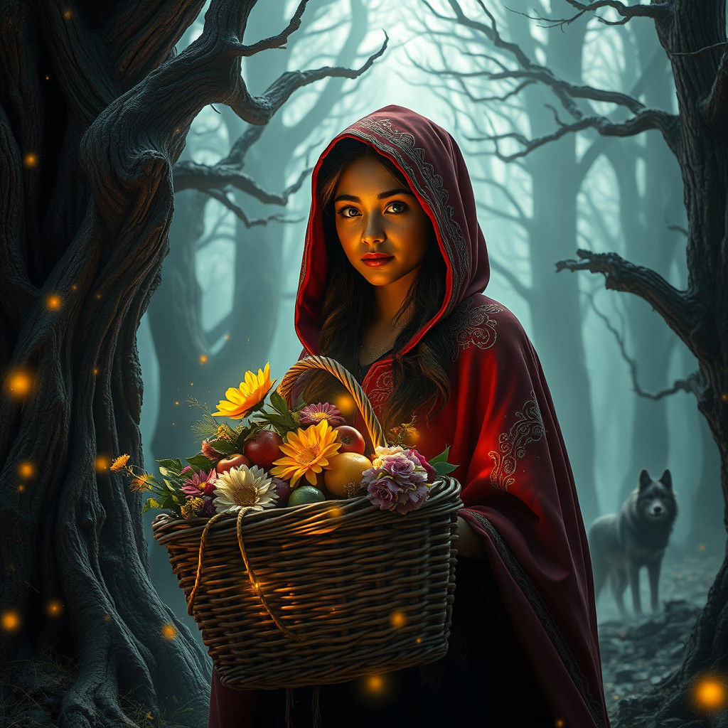 Crimson Cloak in Enchanted Forest, 8K Resolution