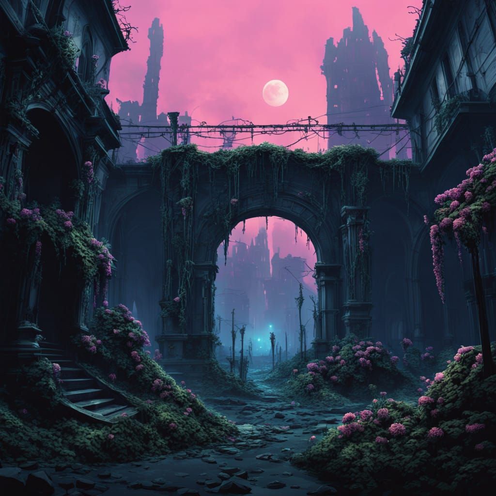 Ethereal Cityscape at Dusk with Glowing Ivy and Ancient Arch...