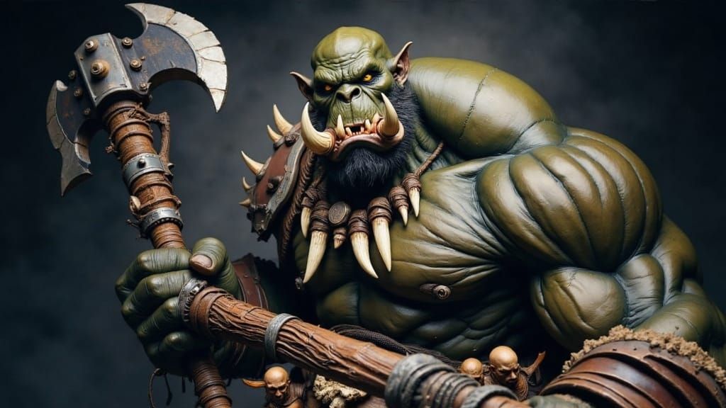 Muscular Orc Warrior Wielding Axe on Battlefield