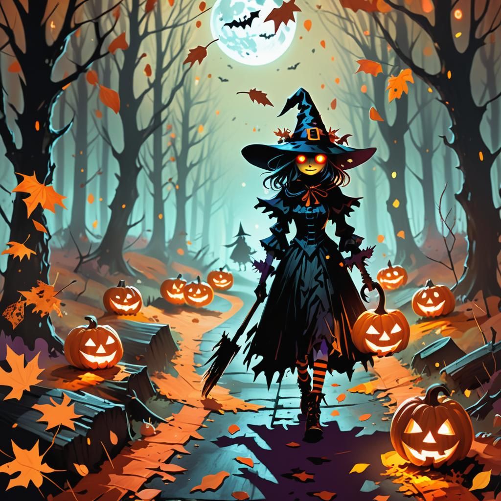 Eerie Witch in Autumn Forest: Digital Concept Art