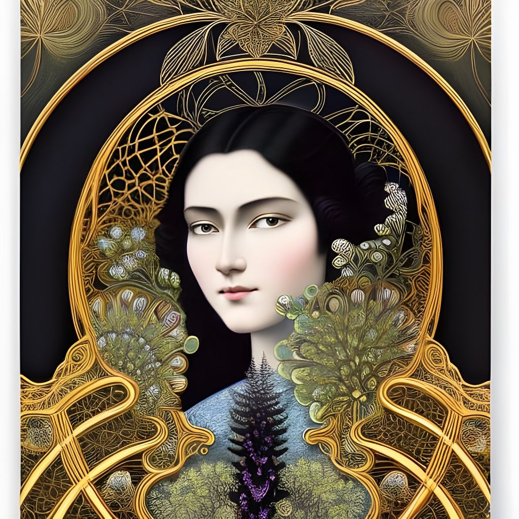 Girl with Black Flowers in Art Nouveau Style
