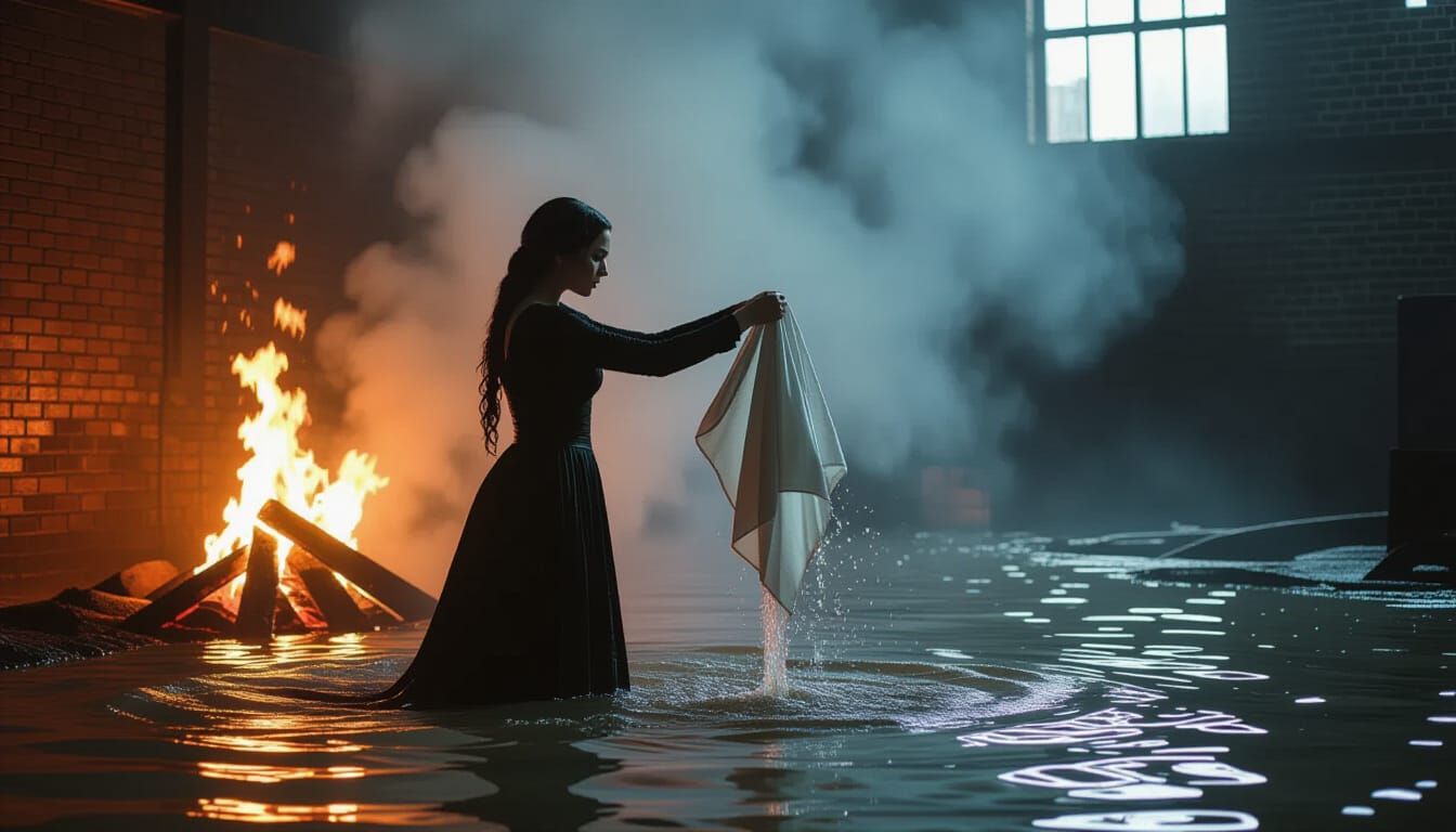 Woman Throws Fabric into Fire: Cinematic Industrial Scene