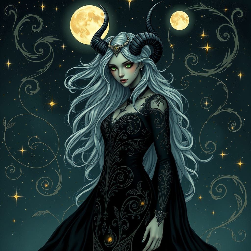 Ethereal Goth Goddess in Whimsical Starry Night