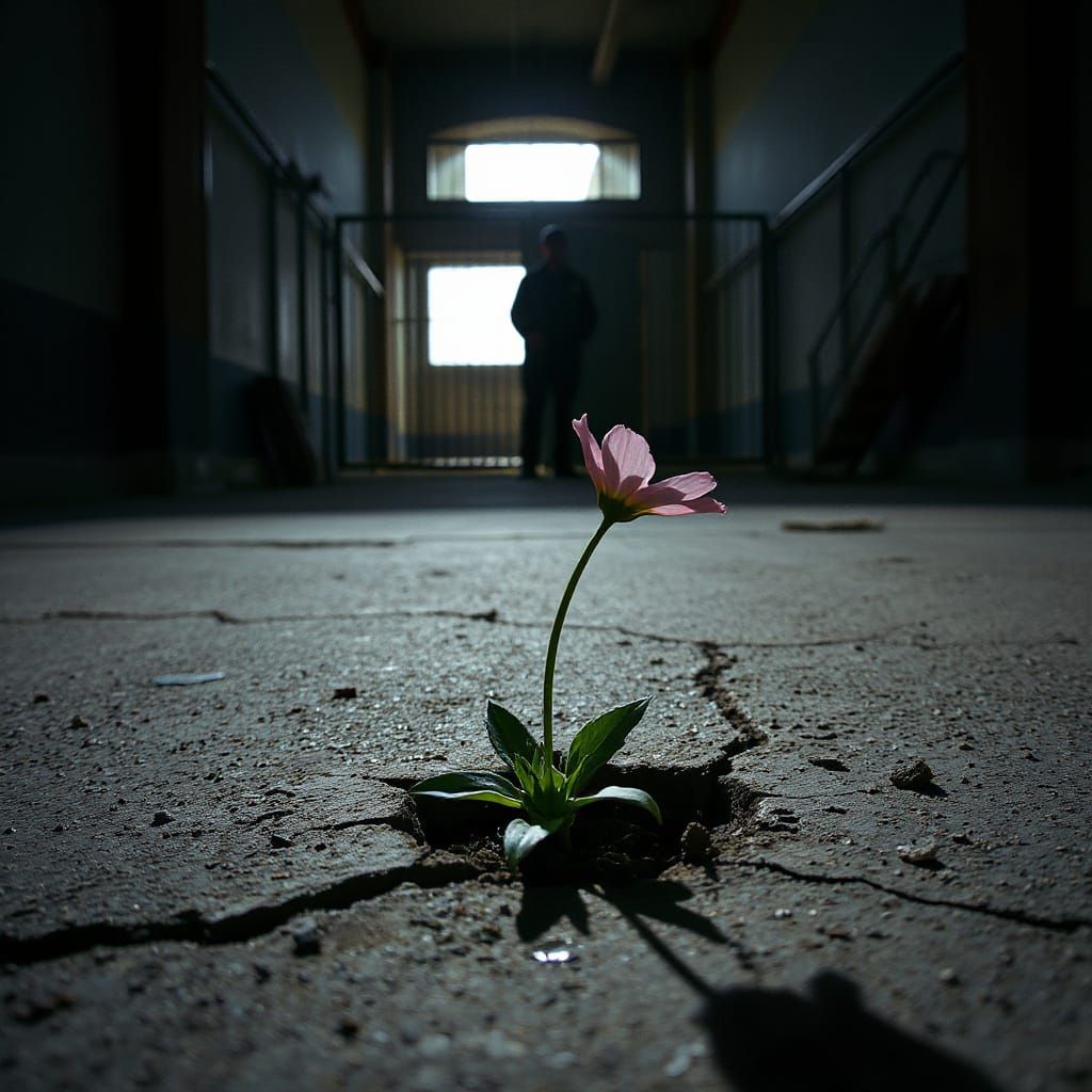 Blooming Flower in Prison Yard: Dramatic Photography