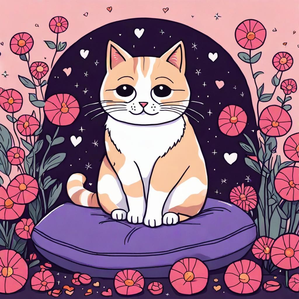 Cute Cat Surrounded by Flowers, Roiland Style