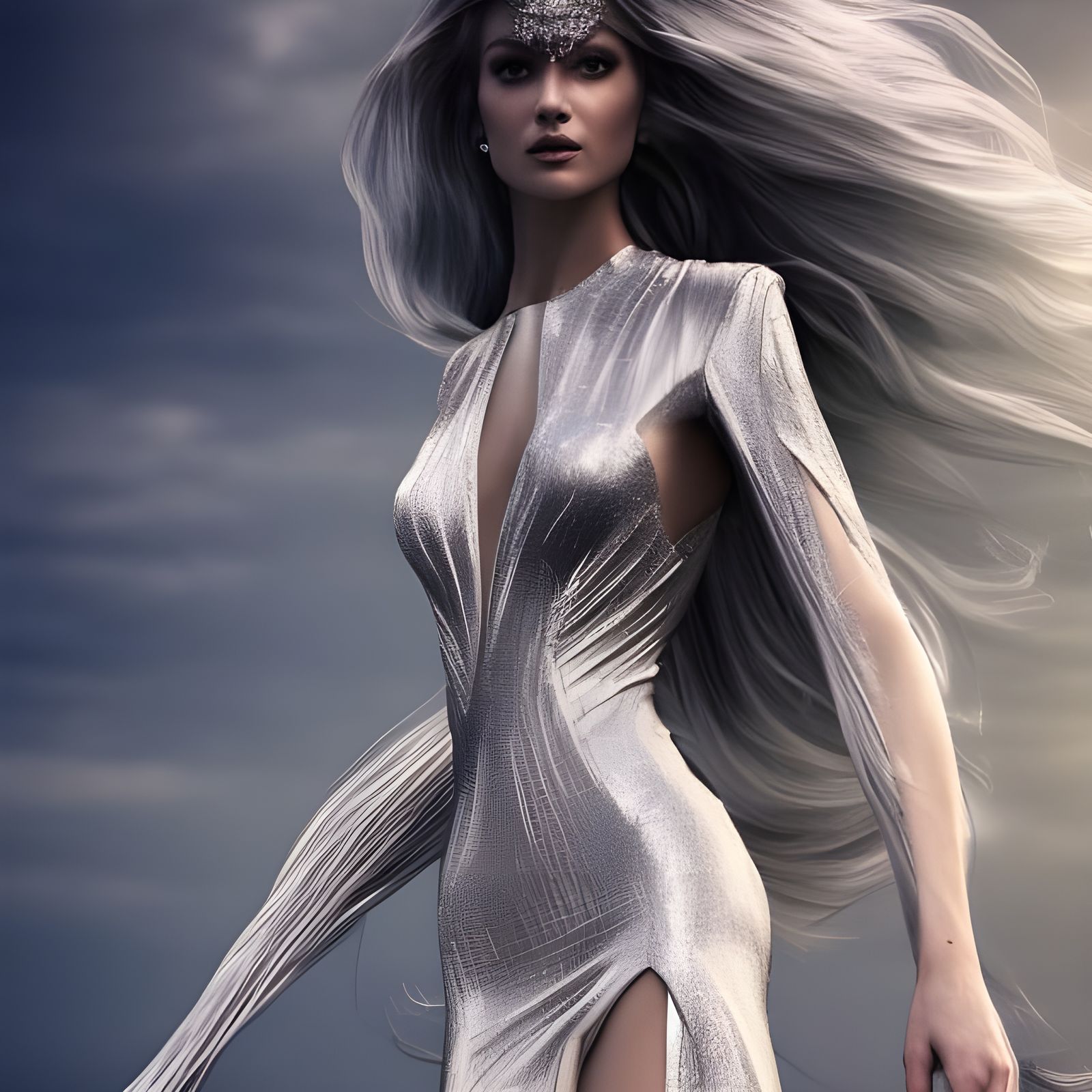 Futuristic Fashion: Silver Goddess in Cityscape