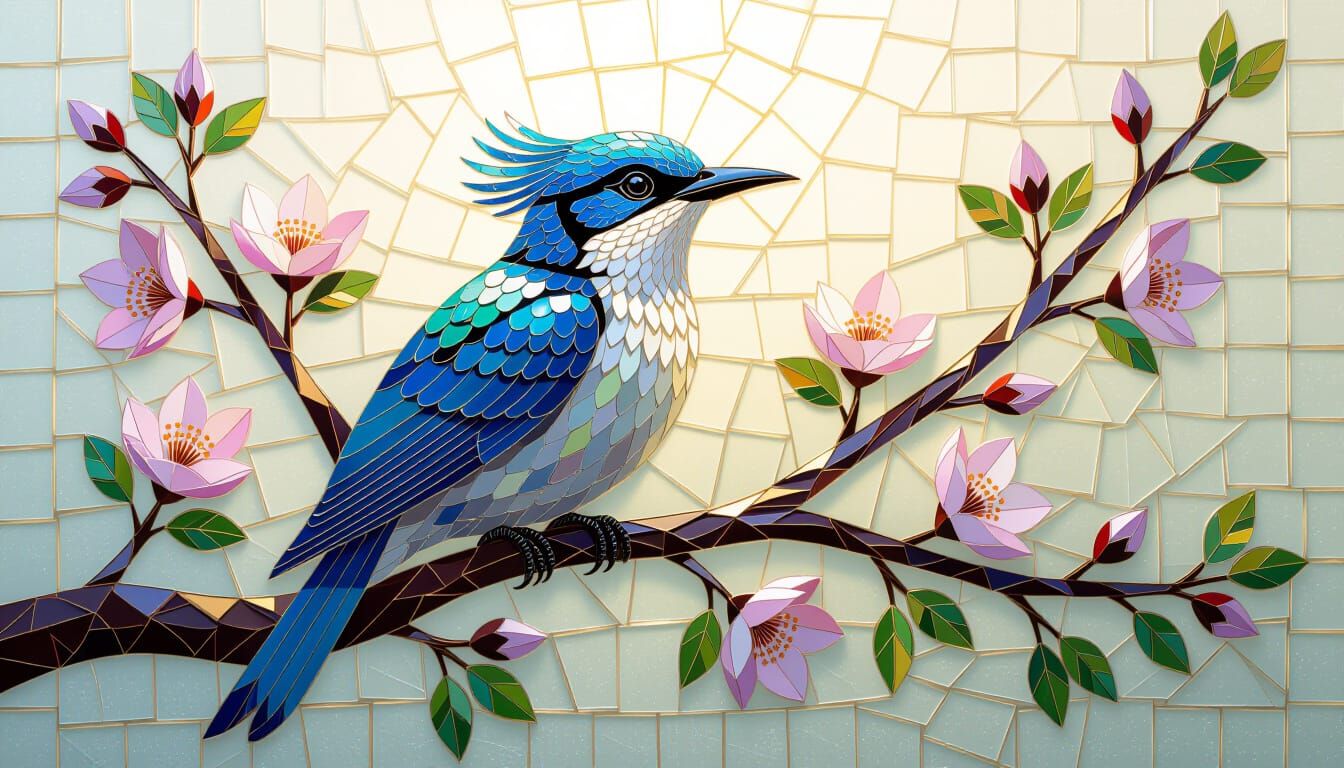 Opalescent Mosaic of a Bird Lizard on Blossoms