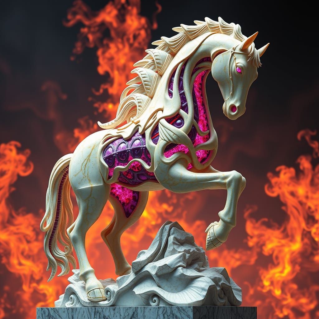 Quantum Marble Horse Sculpture with Glowing Channels