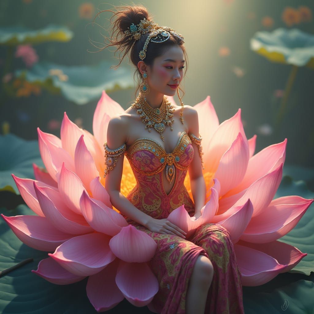 Surreal Goddess Blooms within a Lotus of Vibrant Light