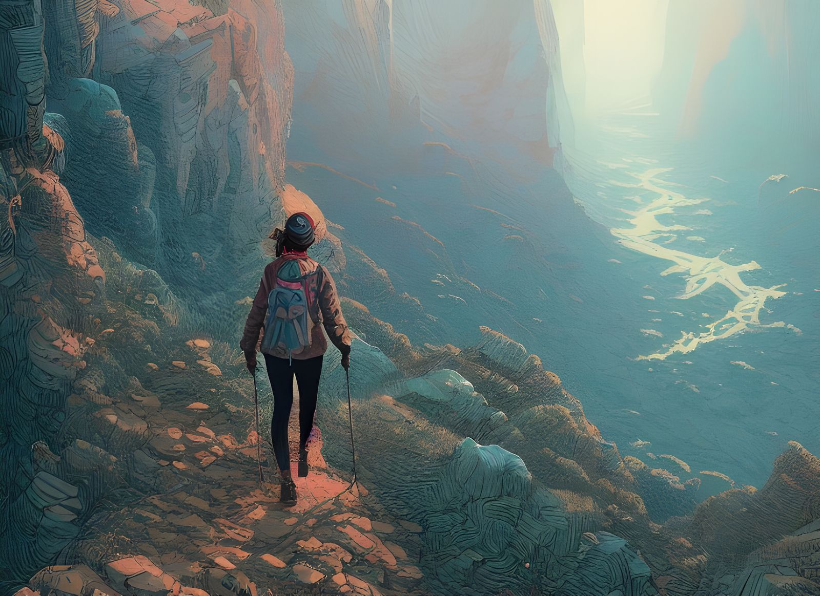 Woman Hiking in Mountains: Digital Concept Art