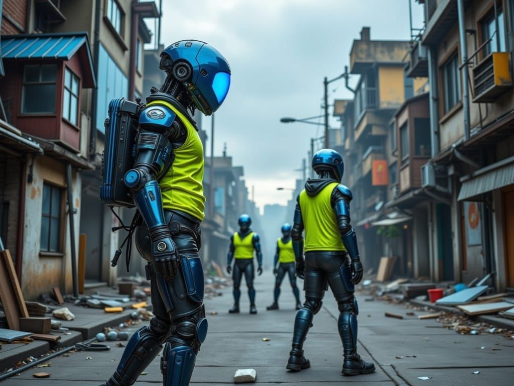 Cybernetic Men Rebuilding Dystopian City After Apocalypse