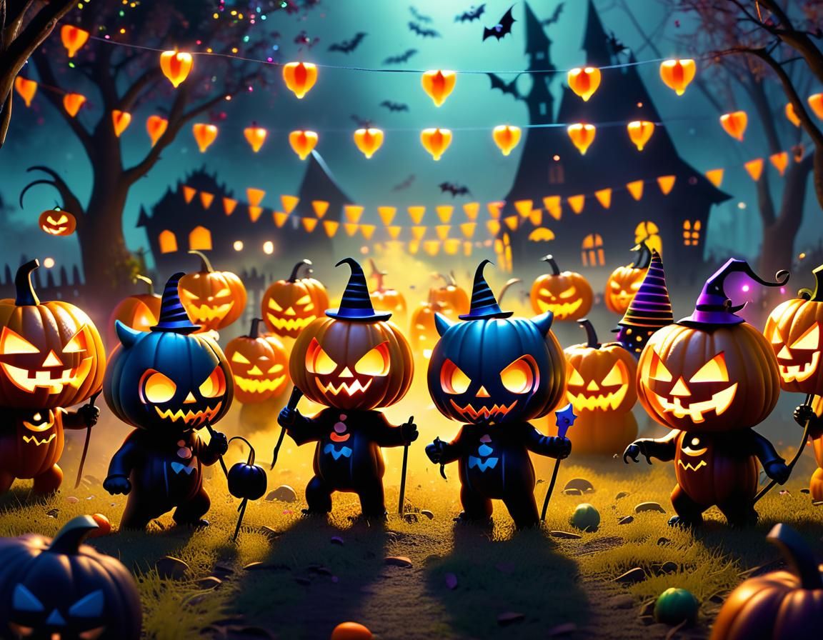 Chibi Halloween Monsters Party in Graveyard