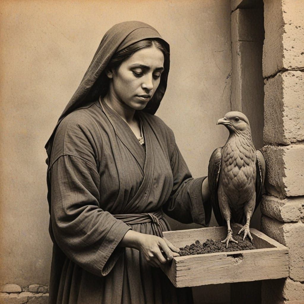 Charcoal Portrait of Ancient Dovekeeper in Qajar Art Style