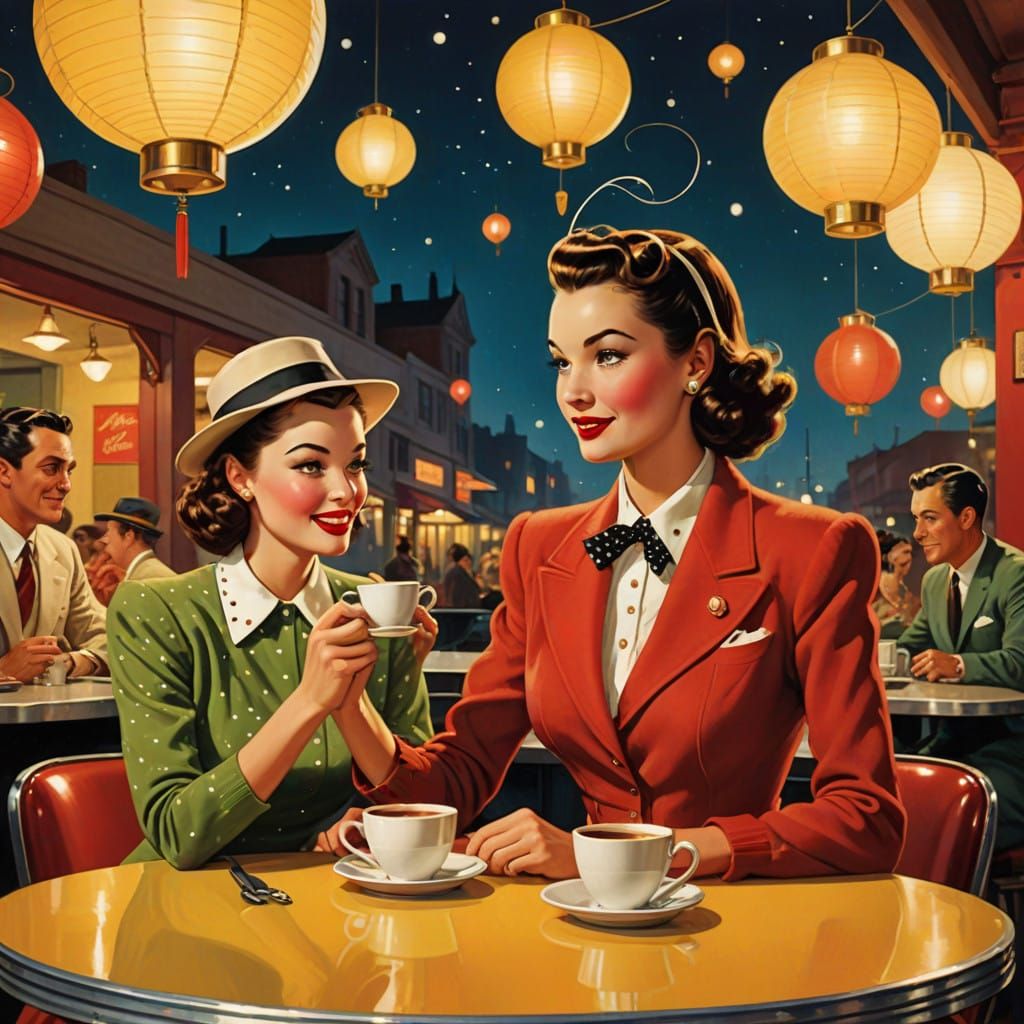 Vintage Pin-Ups Enjoy Coffee in Cozy Night Cafe