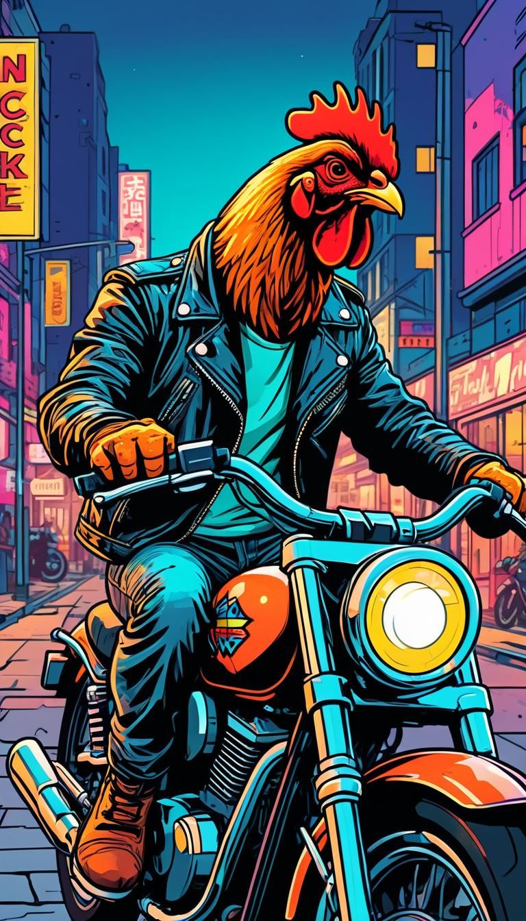 Chicken Biker in City Street, Pop Art Illustration