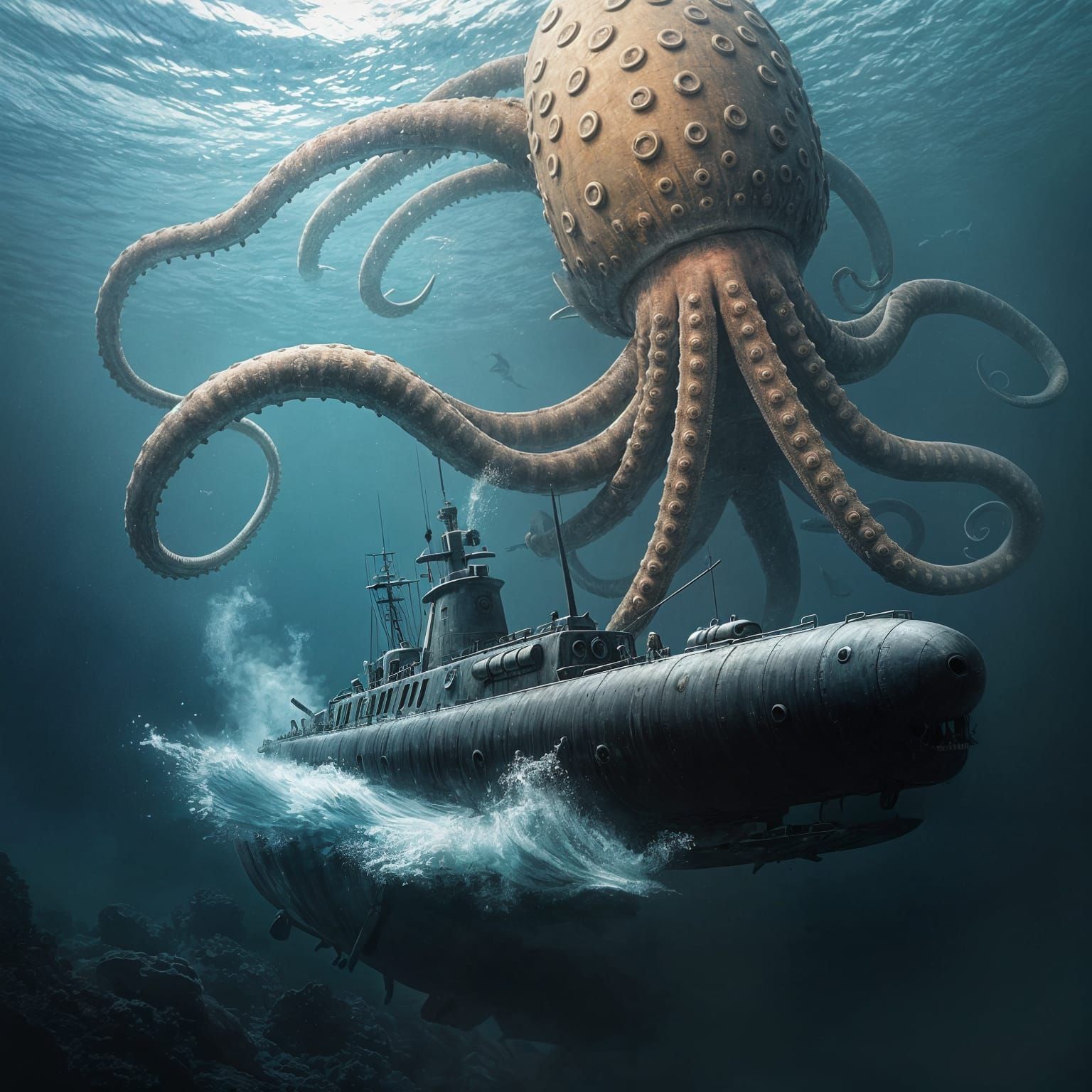 Giant Squid Attacking Submarine Undersea