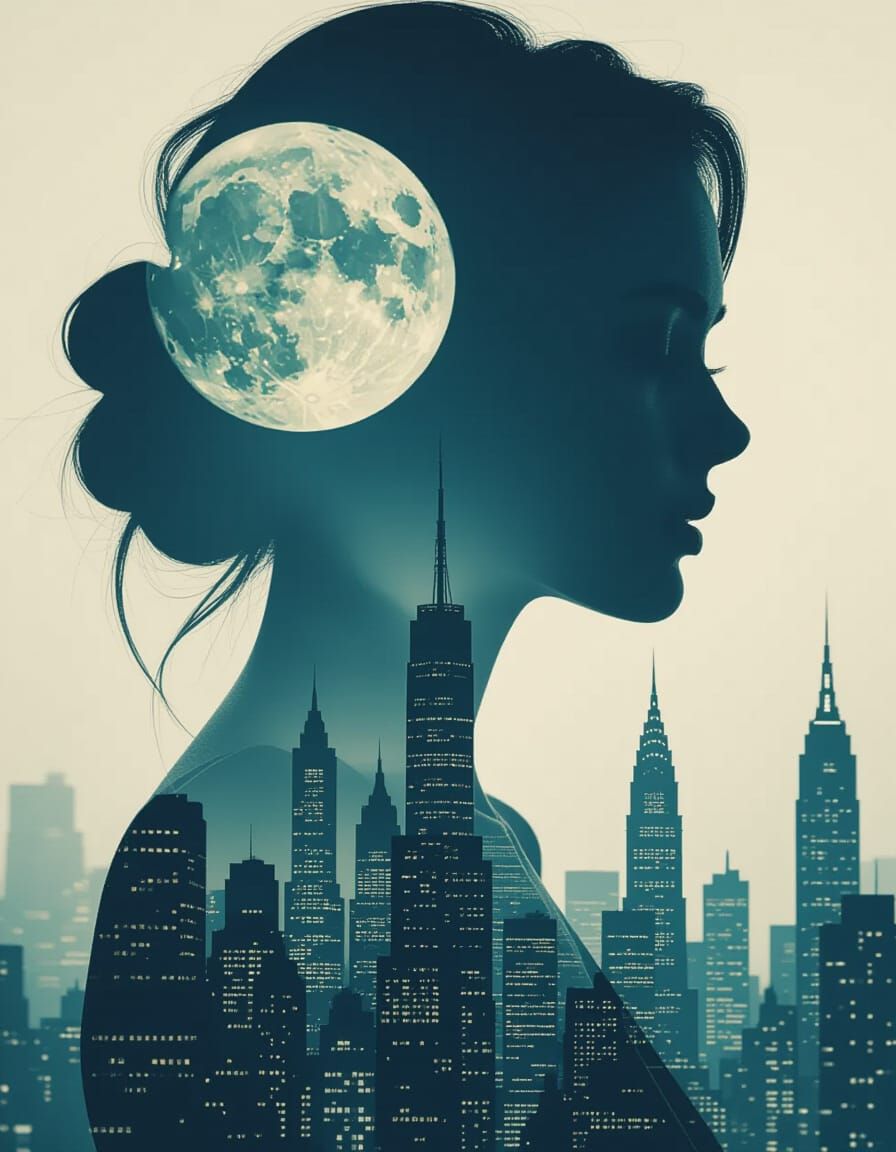 Surreal Double Exposure: Woman's Face Merges with Gothic Cit...