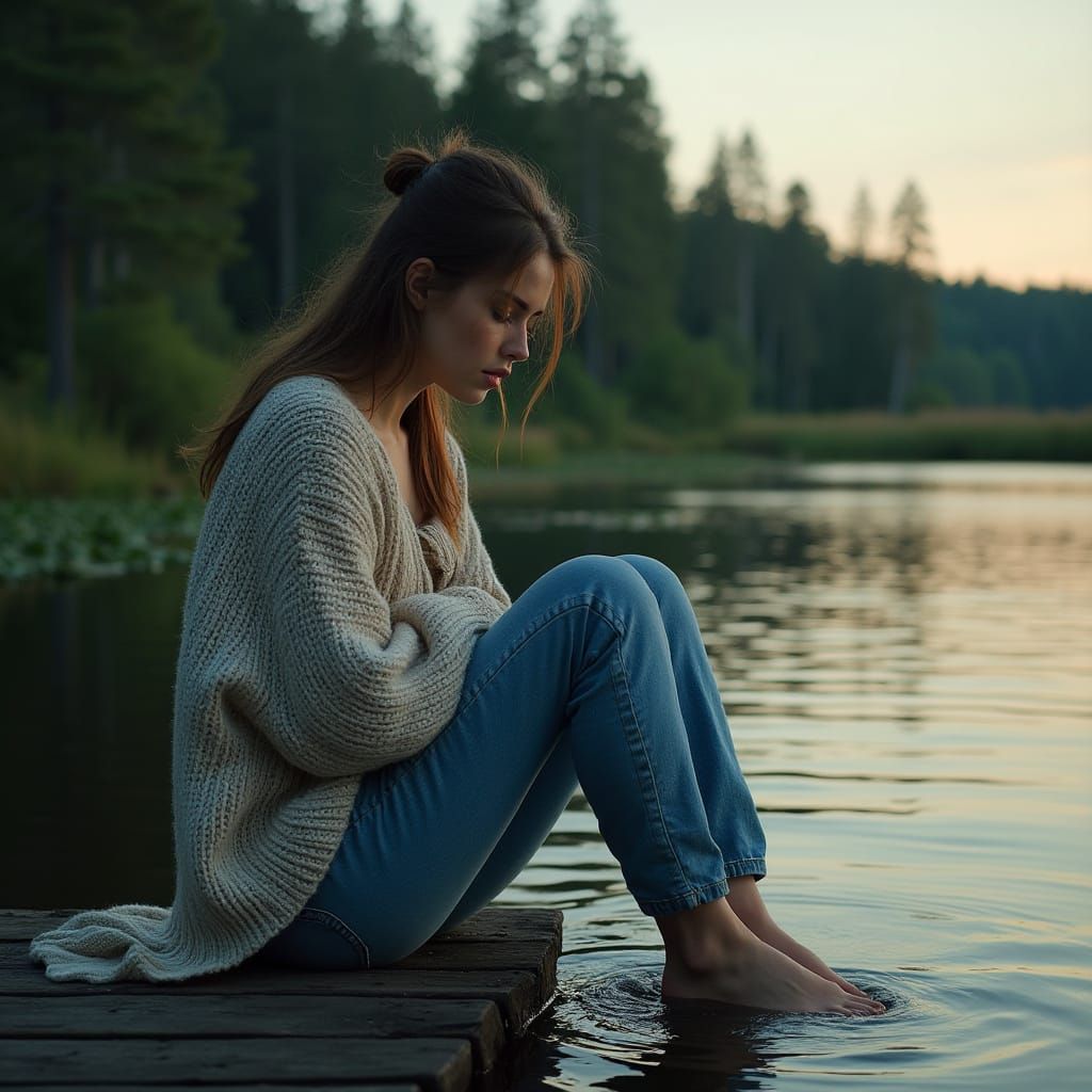 Young Woman Finds Solace on Weathered Dock at Dusk