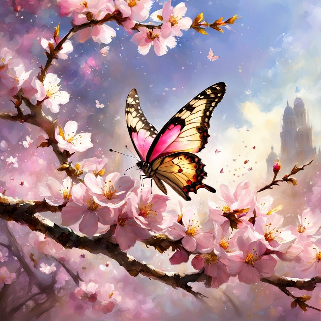 Pink Butterfly on Cherry Blossom Branch as Matte Painting