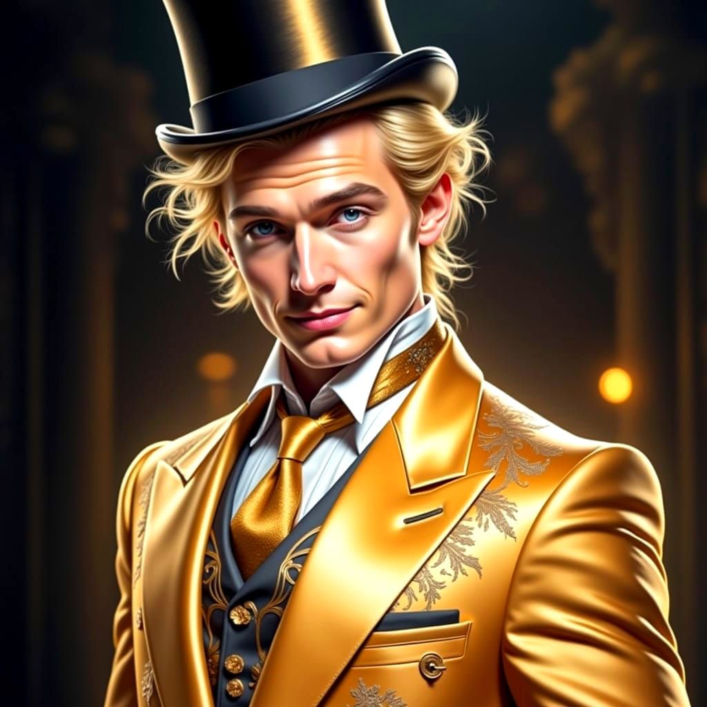 Elegant Man in Golden Attire Captivates Against Soft Backlig...