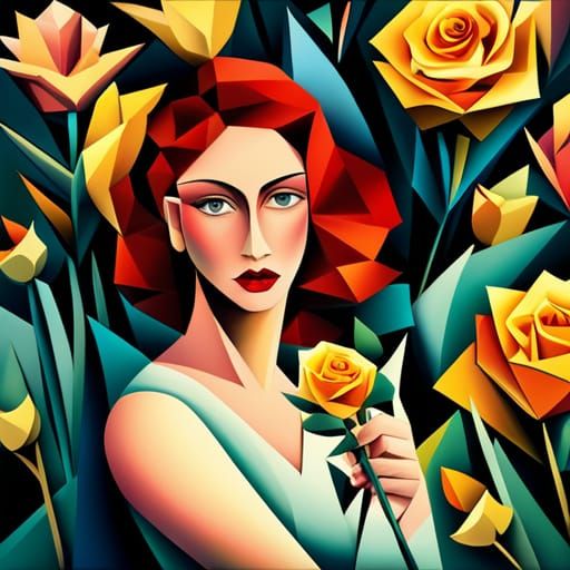 Red Haired Woman with Roses in Cubist Style