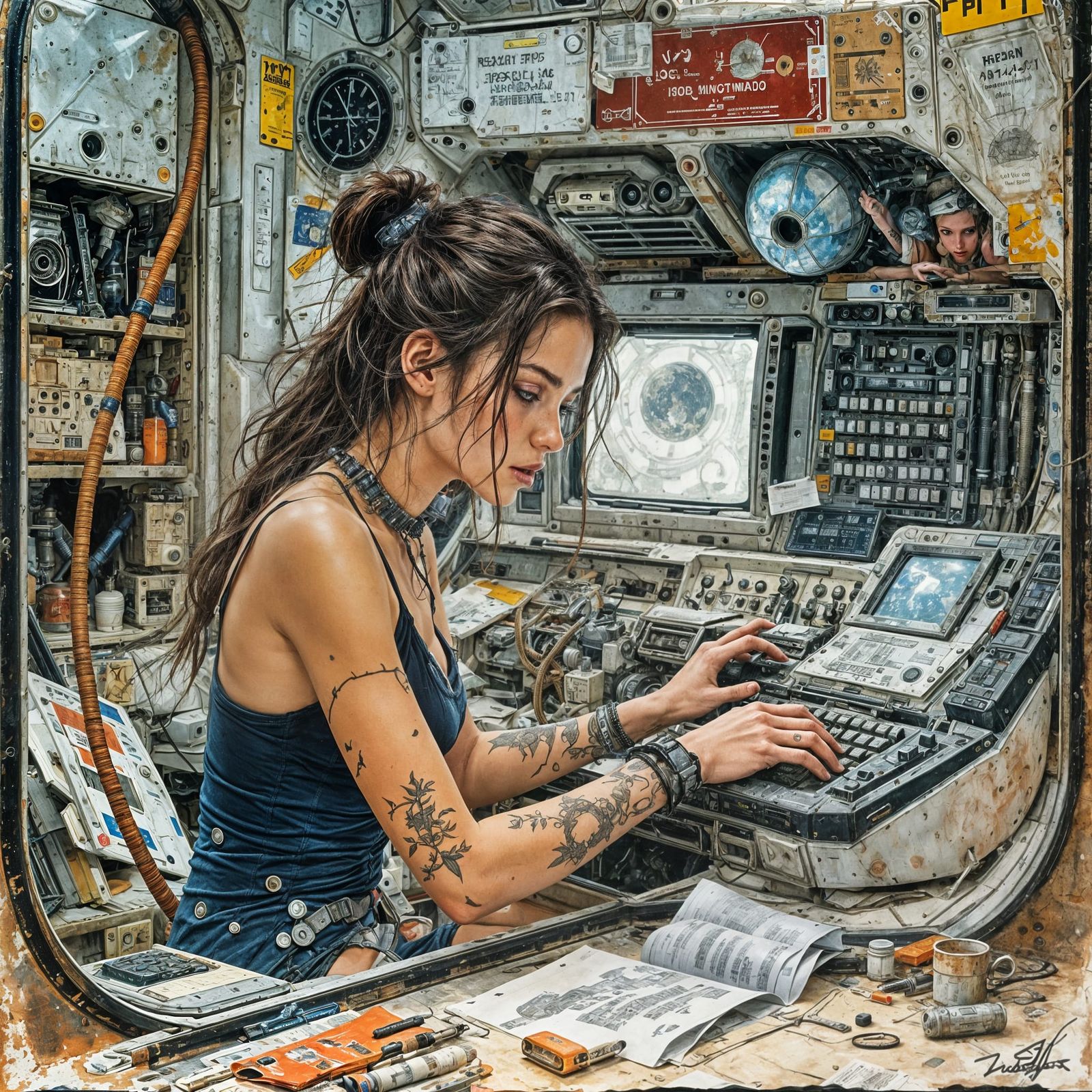 Female Space Explorer Repairs Computer, Comic Book Art